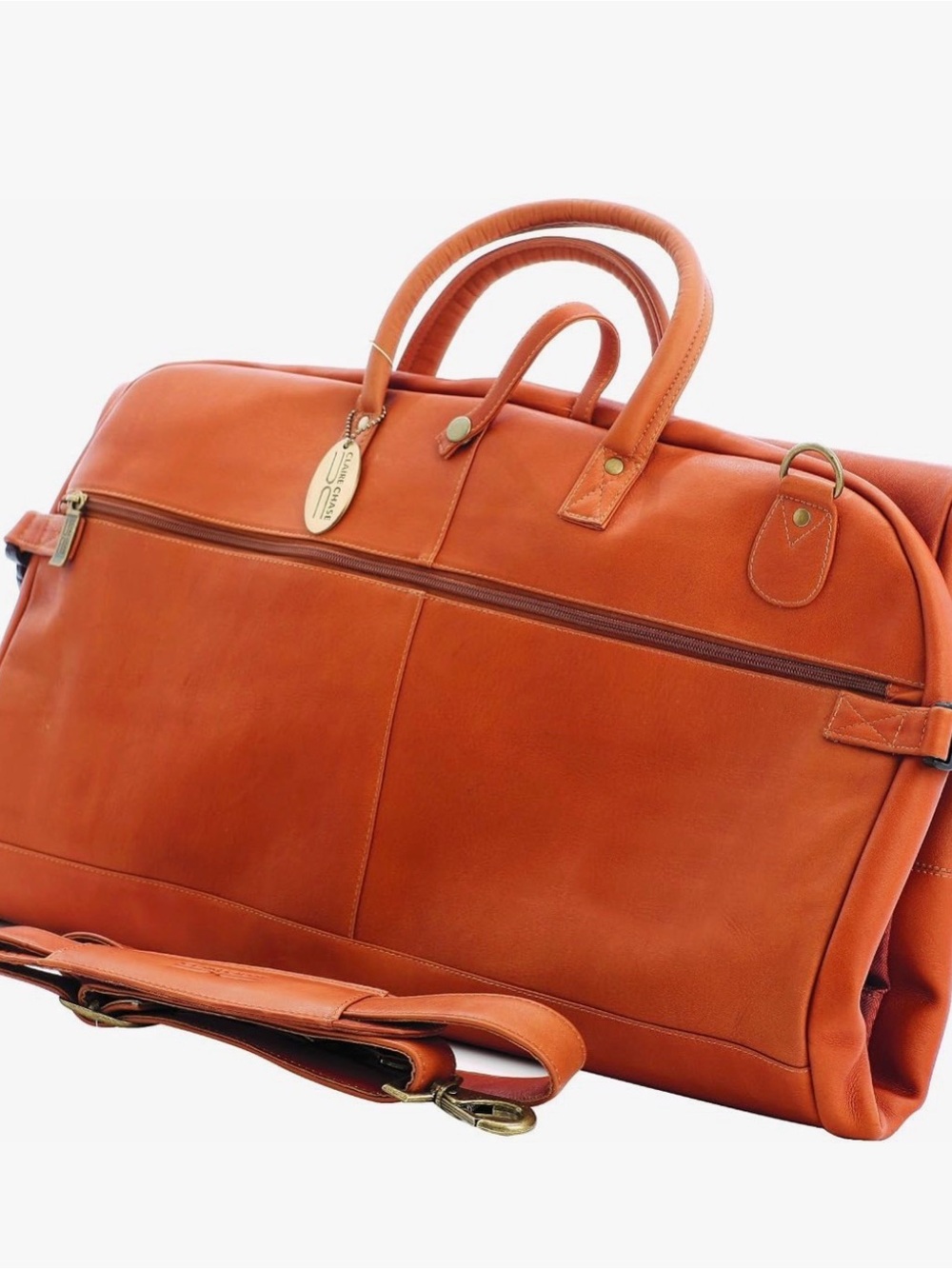 NWT Claire Chase Leather Travel Tri-Fold Suit Bag in Cognac- Classic Weekender